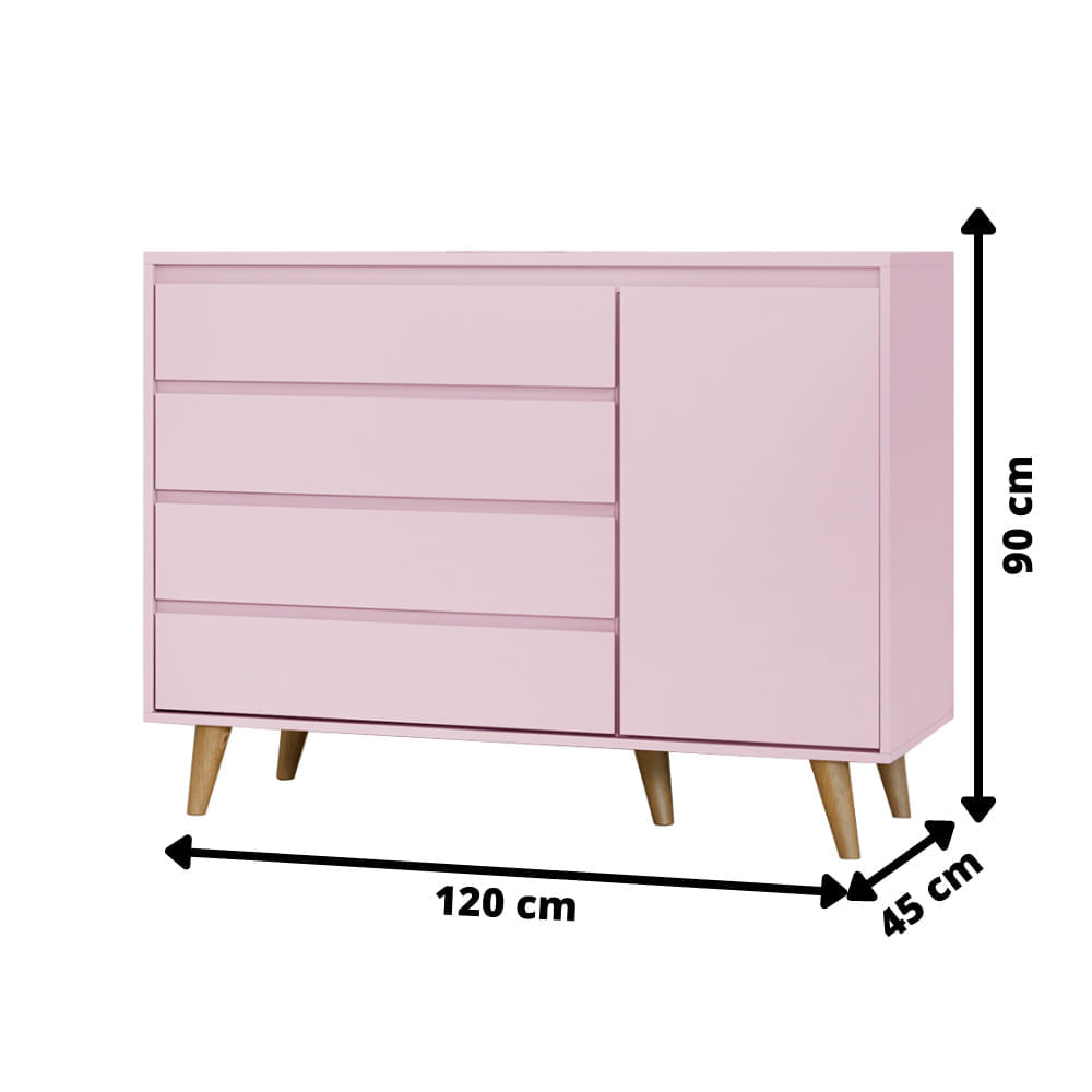 Encontraproduto.com.br - Quarto de Bebê Retrô Guarda Roupa 3 Portas com Gavetas Lorena Cômoda 4 Gavetas com com Porta Berço Mini Cama Lorena Rosa Fosco Carolina Baby