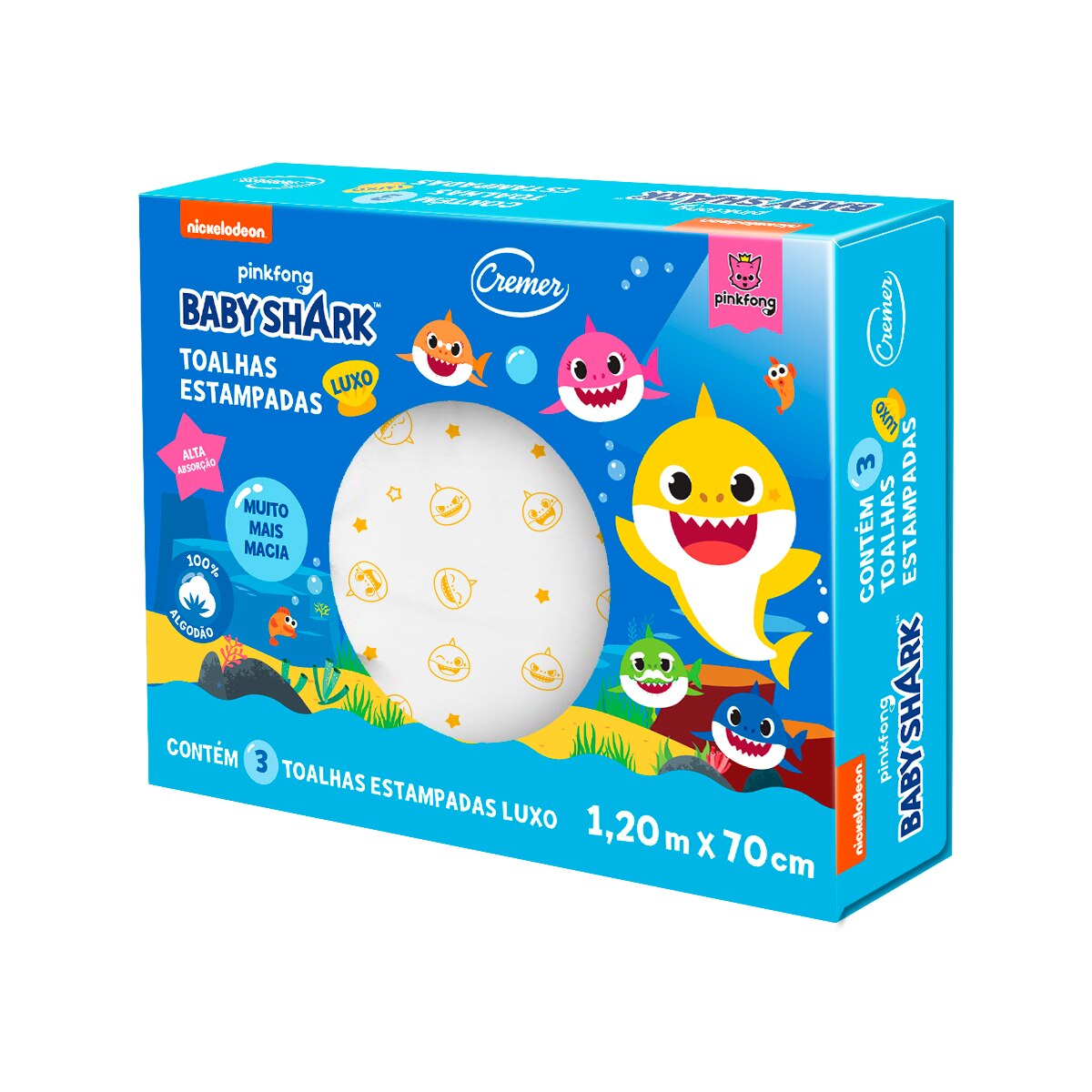 Toalha Bebê Fralda Com Bainha Baby Shark Caixa 3 Unid Cremer