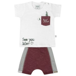 Conjunto Infantil - Camisa Manga Curta e Bermuda - Branco e Vinho - Livy Malhas