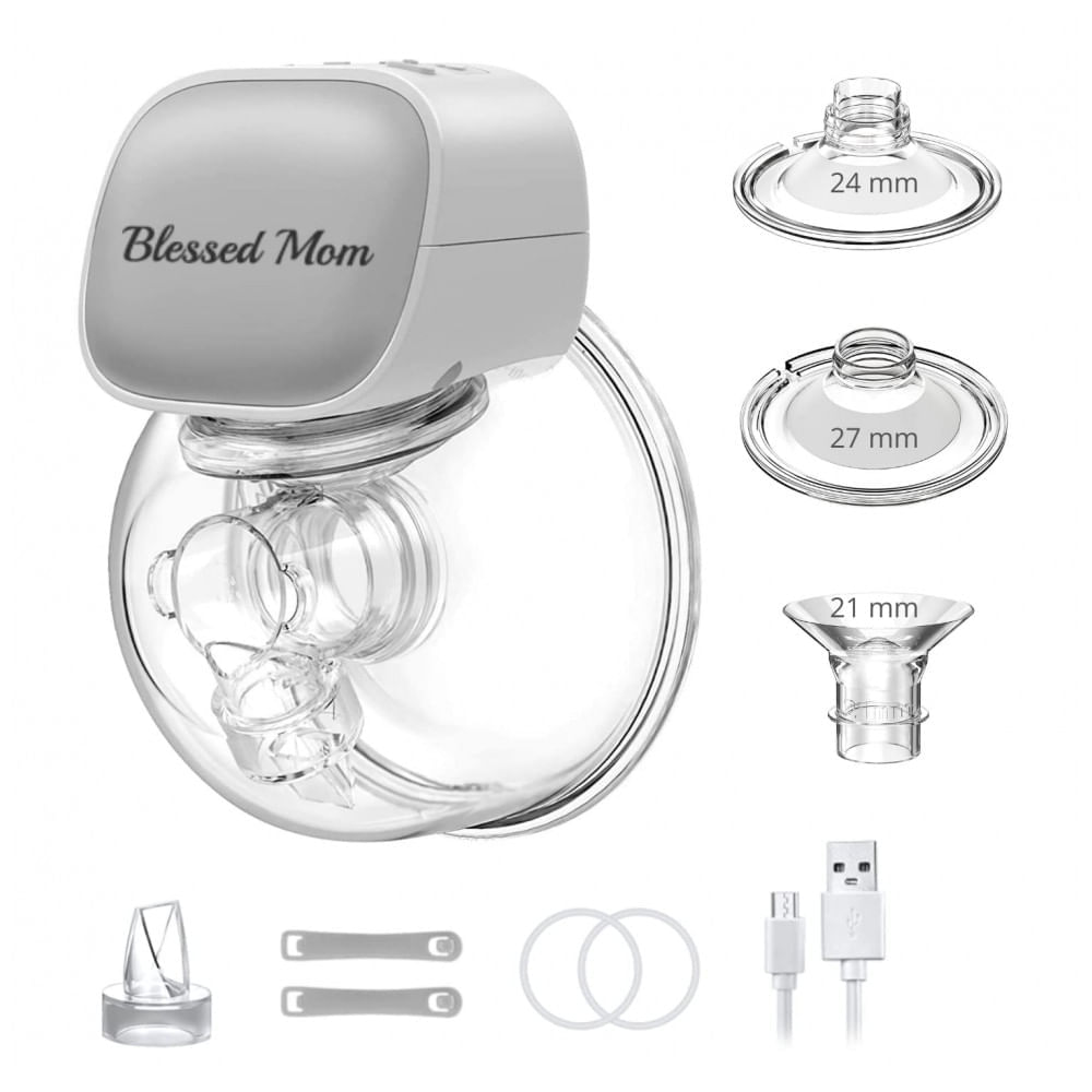 Bomba Tira Leite Única Elétrica Portátil e Recarregável com 2 Modos e 5 Níveis de Sucção, BLESSED MOM, Cinza
