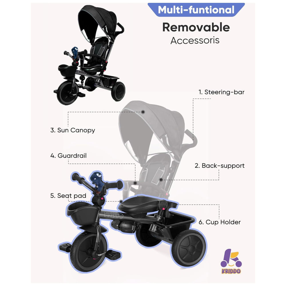 Triciclo 7 em 1 com Alça Ajustável, Assento Giratório, Porta-Copos, Capota Retrátil, Guarda-Corpo Removível e Apoio para os Pés, KRIDDO, Cinza e Preto