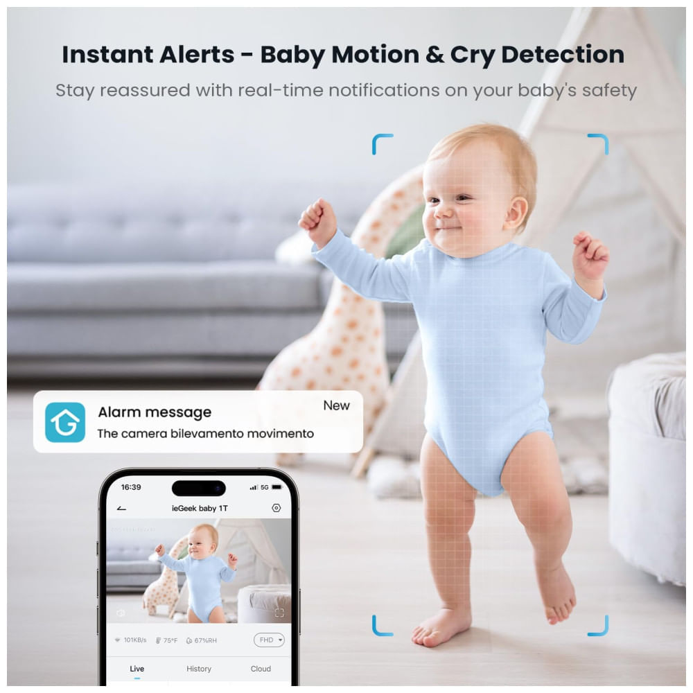 Babá Eletrônica com Câmera 2K, Áudio, Monitor de Vídeo, Visão Noturna e Controle Remoto via APP, ieGeek, Cinza