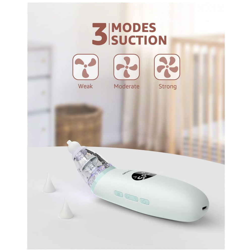 Aspirador Nasal Elétrico para Bebê HITOMI Recarregável e Automático com Sons, Branco e Verde