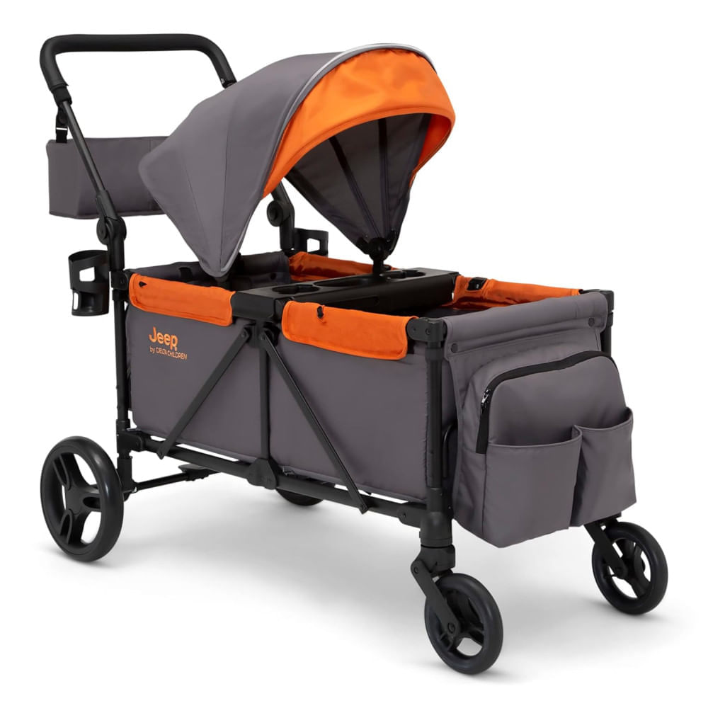 Encontraproduto.com.br - Carrinho de Passeio Vagão Duplo Multifuncional com Capota e Armazenamento, Jeep, Cinza e Laranja