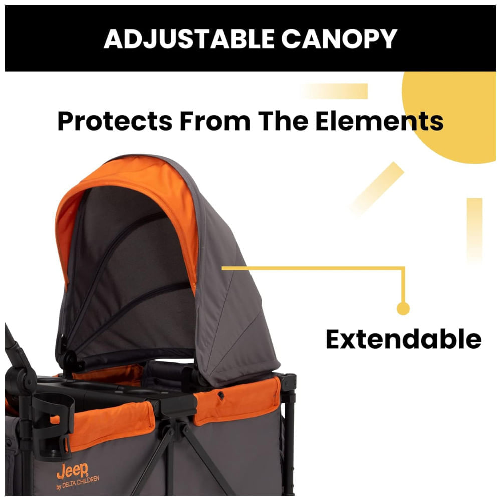 Encontraproduto.com.br - Carrinho de Passeio Vagão Duplo Multifuncional com Capota e Armazenamento, Jeep, Cinza e Laranja