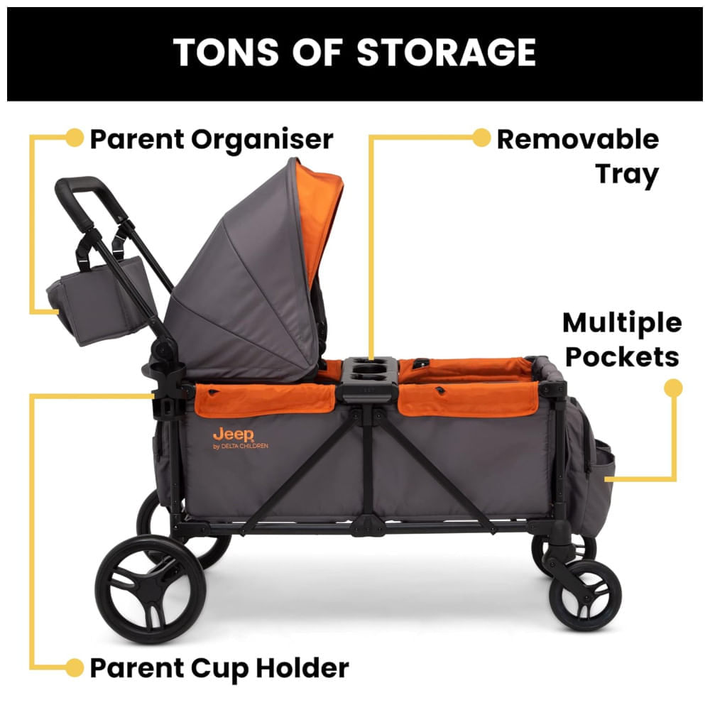 Encontraproduto.com.br - Carrinho de Passeio Vagão Duplo Multifuncional com Capota e Armazenamento, Jeep, Cinza e Laranja
