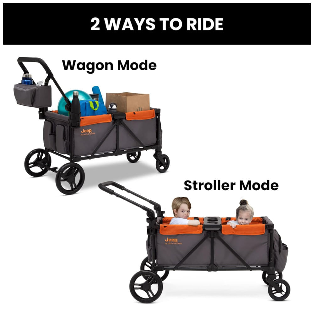 Encontraproduto.com.br - Carrinho de Passeio Vagão Duplo Multifuncional com Capota e Armazenamento, Jeep, Cinza e Laranja