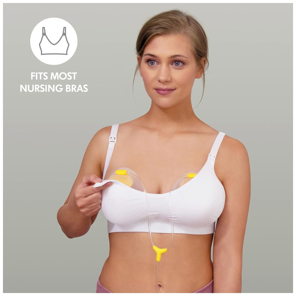Encontraproduto.com.br - Bomba Tira Leite Elétrica com Bojos Vestíveis e Protetores de Seios PersonalFit Flex, 2 Unidades, 110V, Medela, Branco e Amarelo