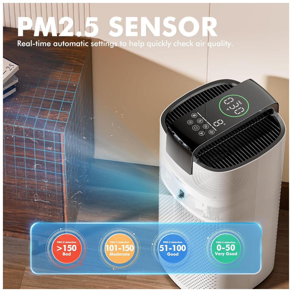Encontraproduto.com.br - Purificador de Ar Portátil , para Ambientes até 190m² com Filtro HEPA, Sensor de Qualidade, Modo de Espera e Controle por APP via WiFi, 110V, MORENTO