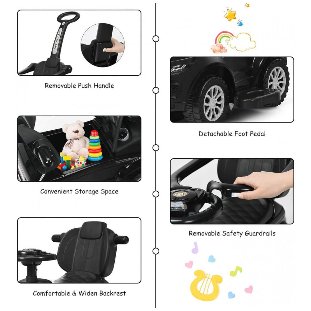 Carrinho de Passeio Infantil 3 em 1 com Buzina, Música, Luz e Proteção de Braço para Crianças de 1 a 3 Anos, Costzon, Preto