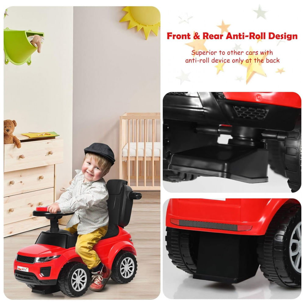 Carrinho de Passeio Infantil 3 em 1 com Buzina, Música, Luz e Proteção de Braço para Crianças de 1 a 3 Anos, Costzon, Vermelho