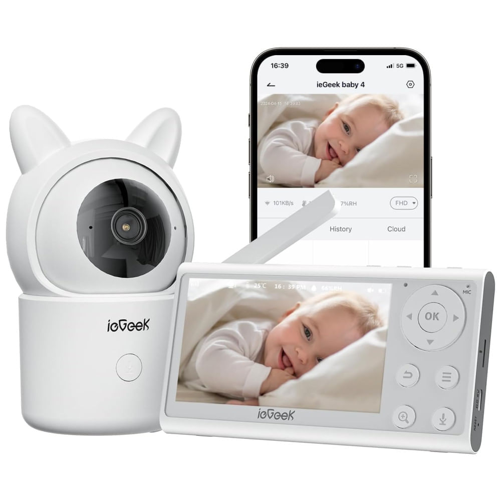 Encontraproduto.com.br - Babá Eletrônica com Sensor de Temperatura, Câmera, Áudio, Monitor 1080P FHD, Sem WiFi, ieGeek, Branco
