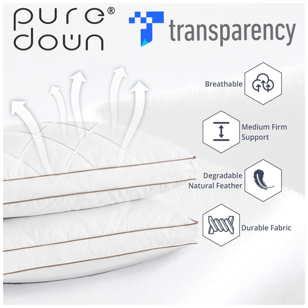 Conjunto de Travesseiros de Penas de Ganso, Tamanho Padrão com 2 Peças e Capa 100% Algodão Macia e Respirável, Puredown, Branco