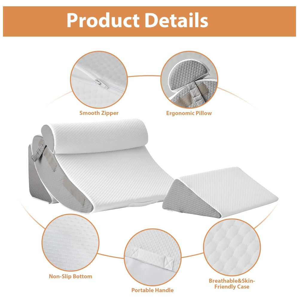 Encontraproduto.com.br - Conjunto de 4 Travesseiros Ortopédicos em Cunha para Alívio de Dor nas Costas, Pescoço, Ombros, Pós-Cirurgia, Refluxo Ácido, BIEEZZK, Branco e Cinza
