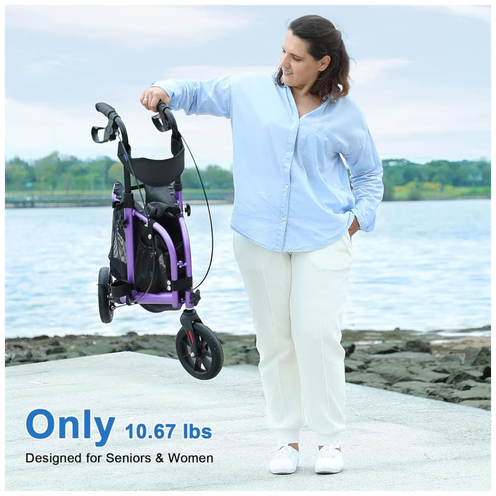 Andador Dobrável de 3 Rodas com Assento Acolchoado Ideal para Idosos, WALK MATE, Roxo
