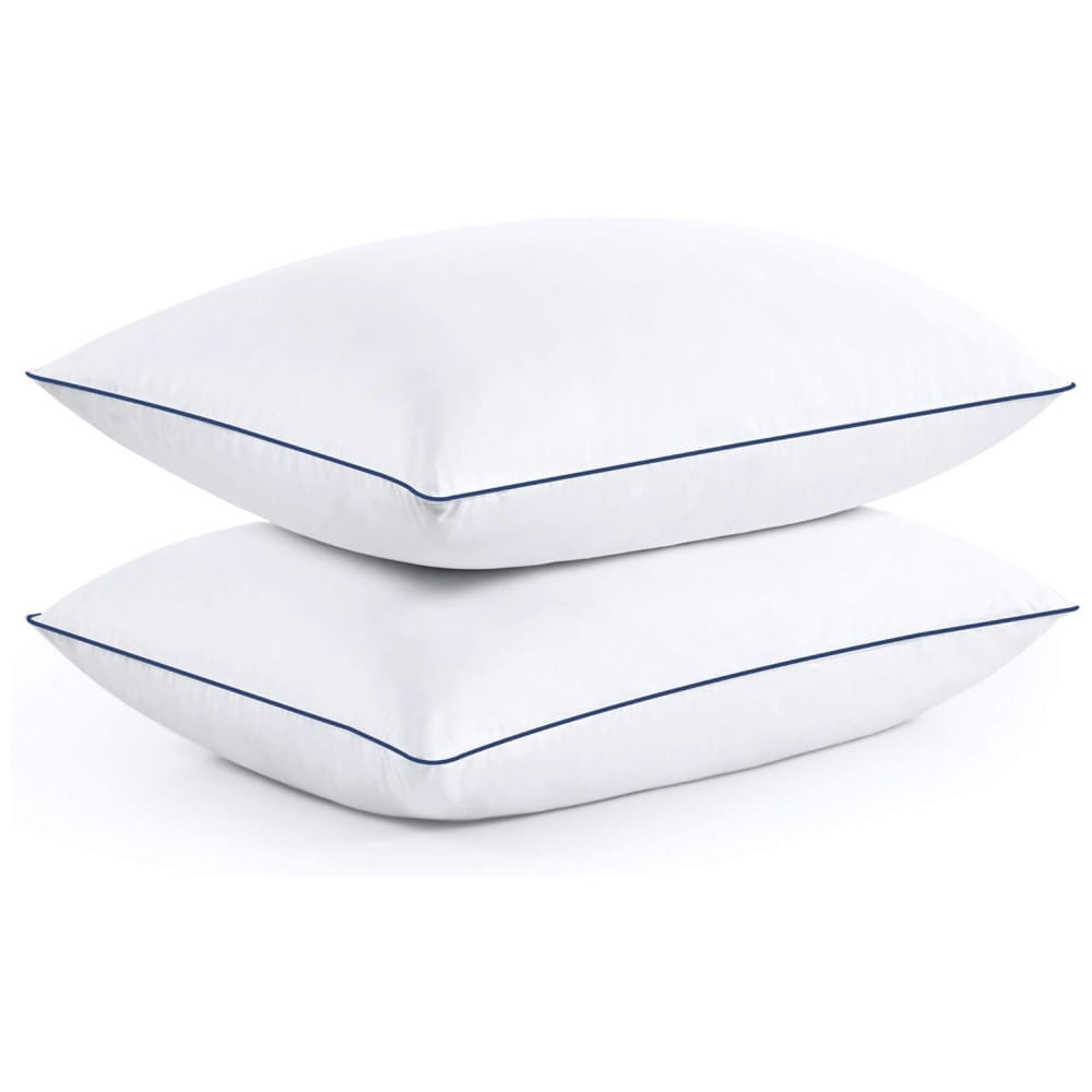 Conjunto de Travesseiros, Tamanho Queen com 2 Peças e Capa 100% Algodão, Puredown, Branco e Azul Marinho
