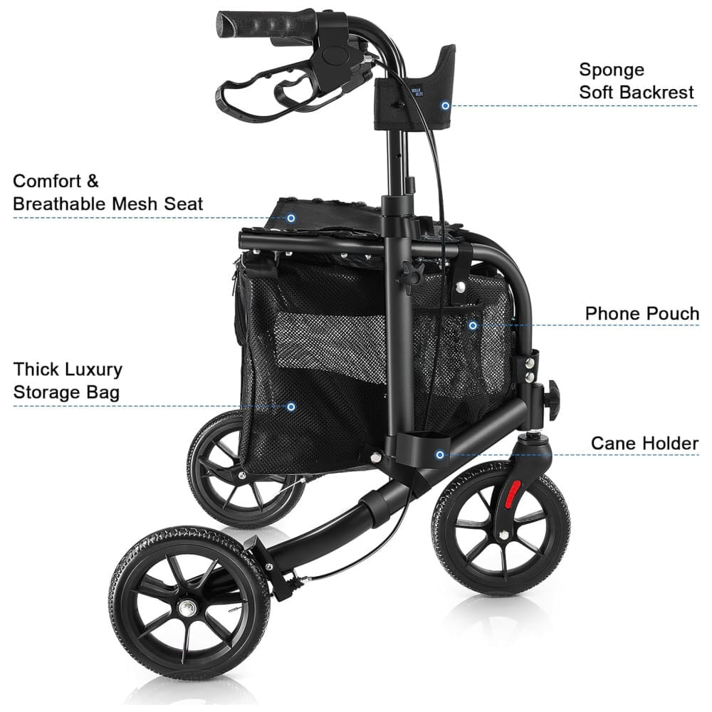 Andador Dobrável de 3 Rodas com Assento Acolchoado Ideal para Idosos, WALK MATE, Preta