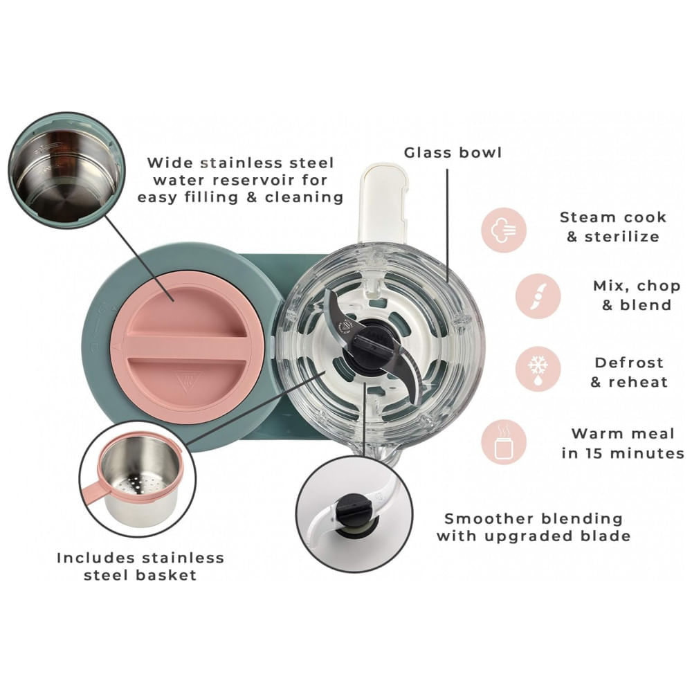 Processador de Alimentos para Bebês Neo, 4 em 1 Capacidade 1.3L, Vidro, BEABA BEA0400 VW US, Rosa pálido