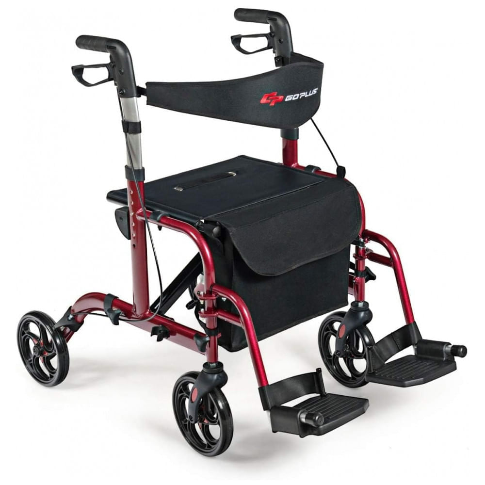 Andador Adulto Idoso GOPLUS com Encosto, Suporta até 136 Quilos, Vermelho