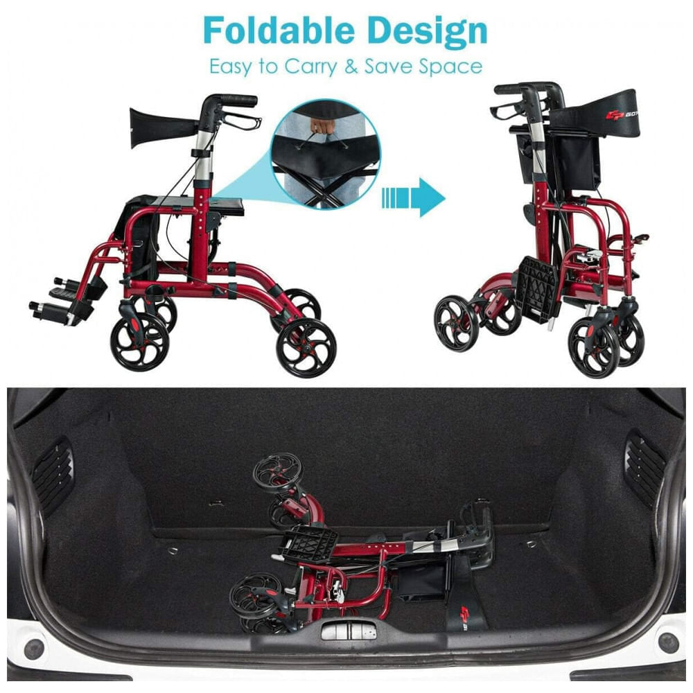 Encontraproduto.com.br - Andador Adulto Idoso GOPLUS com Encosto, Suporta até 136 Quilos, Vermelho