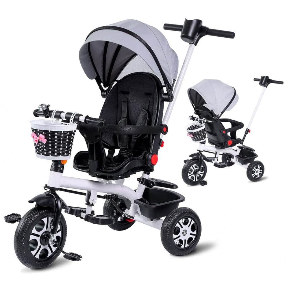 Triciclo Infantil 6 em 1 com Guarda Copo, Assento Giratório, Alça de Empurrar e Cobertura, LazyWomen, Branco